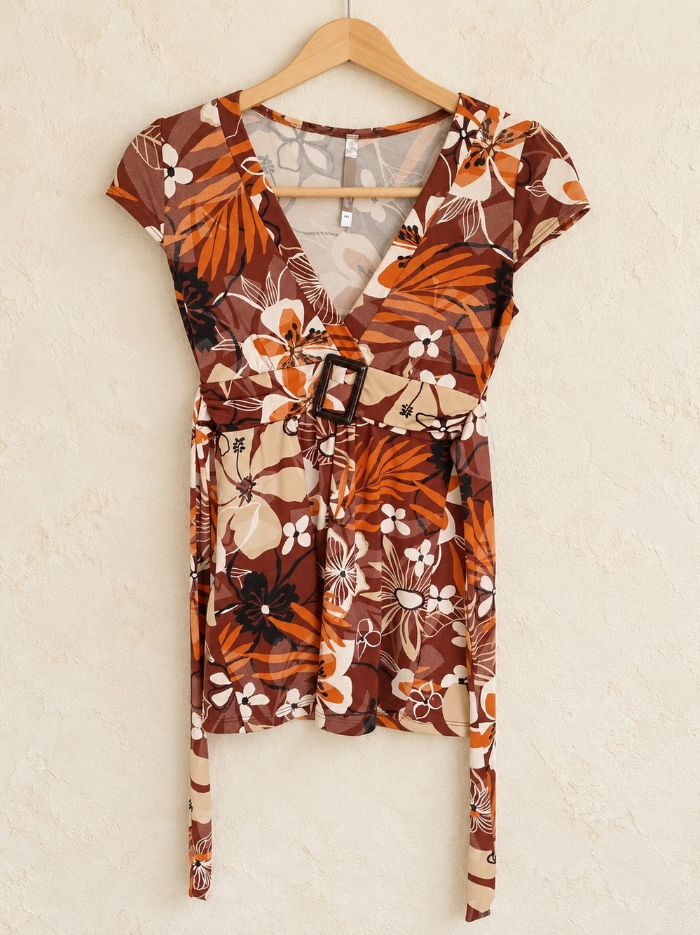 Kismet Brown Orange Floral V-Neck Belted Tunic Top Size S